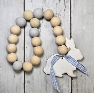 Hand Painted Rustic Wooden Bead Garland with Bunny Accent